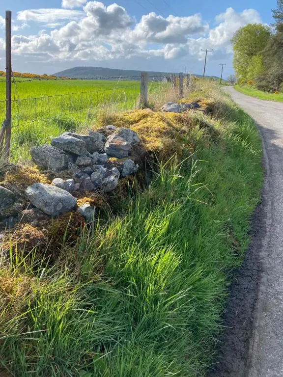 a gravel road next to a field with grass and rocks at Druid House Lodge in Inverness