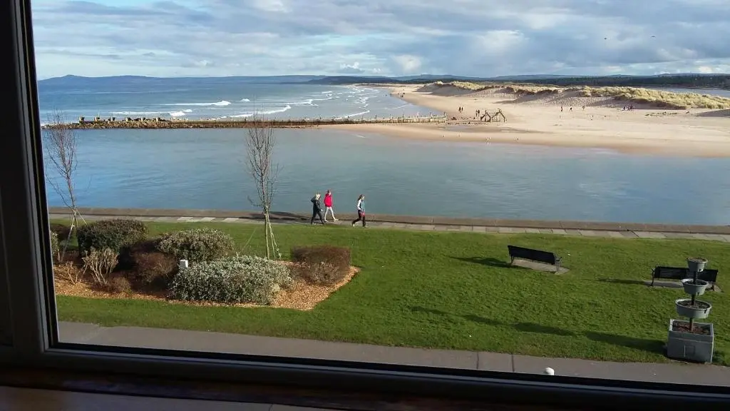 a view of a beach from a window at The Jewel of the Moray Firth in Lossiemouth