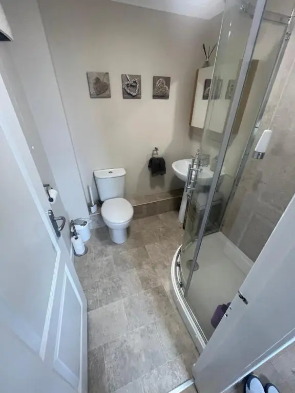 a bathroom with a shower and a toilet and a sink at The Jewel of the Moray Firth in Lossiemouth