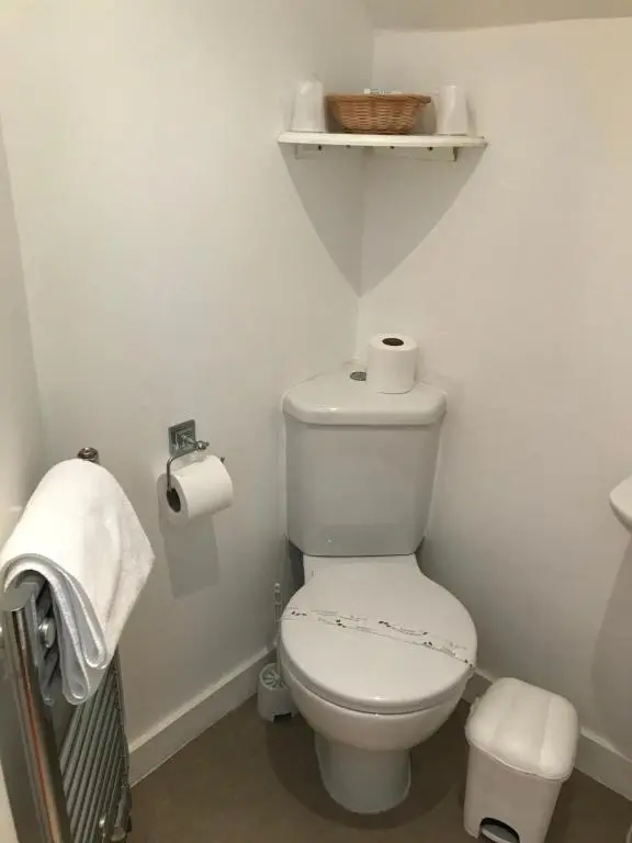 a bathroom with a toilet and a basket of toilet paper at Wimberley House in Inverness