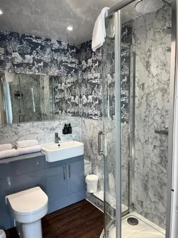 a bathroom with a shower and a toilet and a sink at Ord Arms Hotel in Muir of Ord