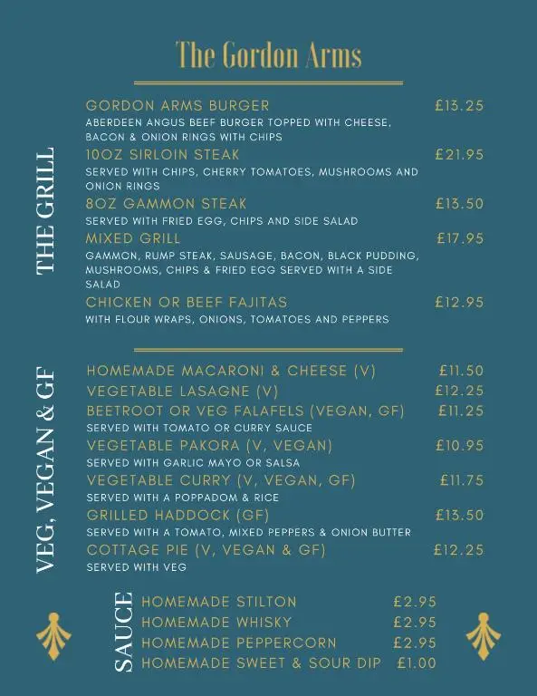 a picture of the menu for the fine toronto arts buffet at Gordon Arms Hotel in Fochabers