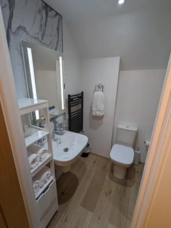 a bathroom with a sink and a toilet and a mirror at Cambeth Lodge Guesthouse in Inverness