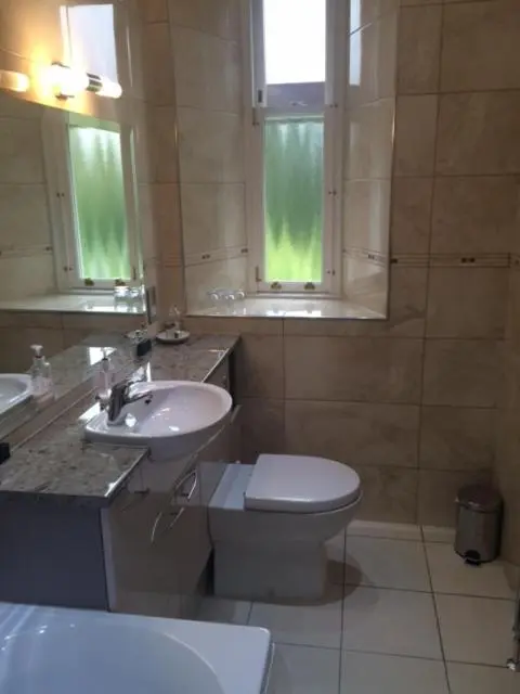 a bathroom with a toilet and a sink and mirror at Ledgowan Lodge Hotel in Achnasheen
