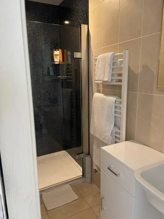 a bathroom with a shower with a glass door at Inchrye Bed & Breakfast in Inverness