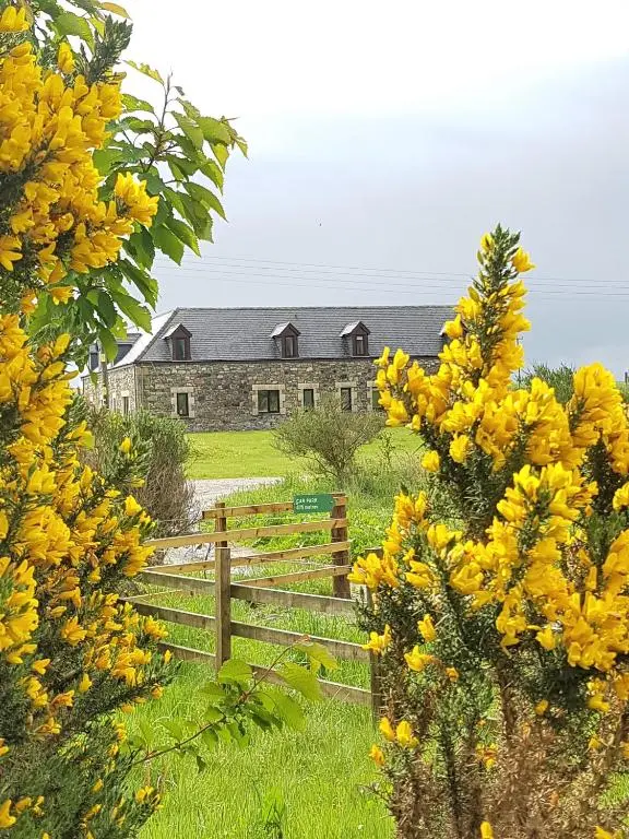 a fence in front of a house with yellow flowers at Heathfield Highland Estate in Invergordon