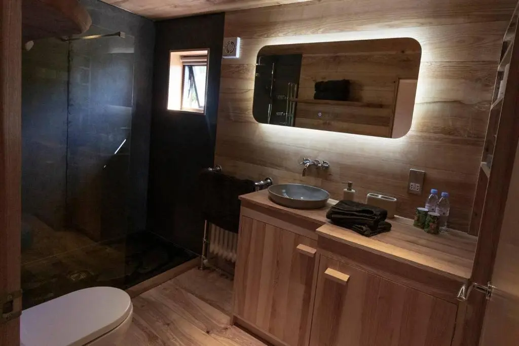 a bathroom with a sink and a shower and a toilet at Birdwatcher's Cabin in Golspie