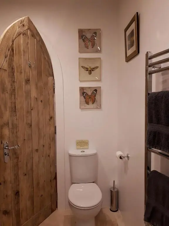 a bathroom with a toilet and a wooden door at The Old Convent Holiday Apartments in Fort Augustus