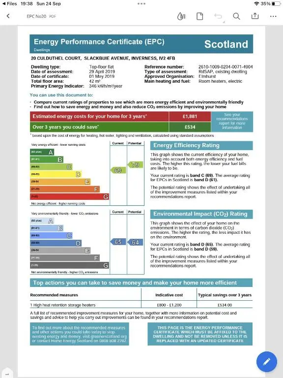 a screenshot of the energy performance certificate efo document at Perfect Stay Apartments No.20 in Inverness