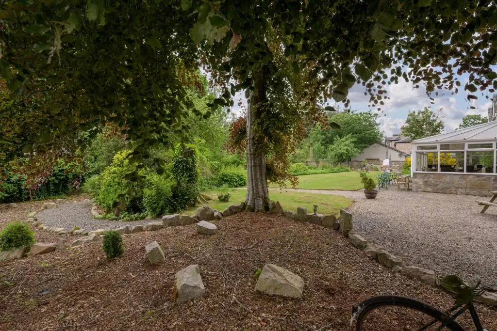 a tree in a garden with rocks around it at The Cabin at No 45 in Ballater