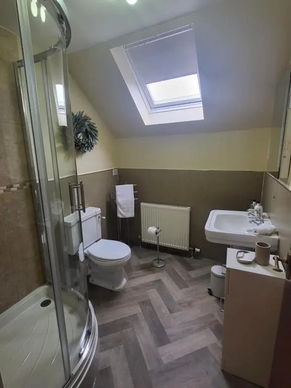 a bathroom with a toilet and a sink and a shower at Avalon in Inverness