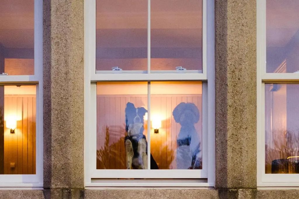 a window with a reflection of people in it at Cairngorm Lodge Youth Hostel in Loch Morlich