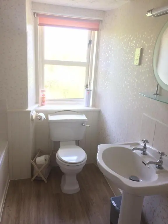 a bathroom with a toilet and a sink and a window at Lettoch Farm in Dufftown