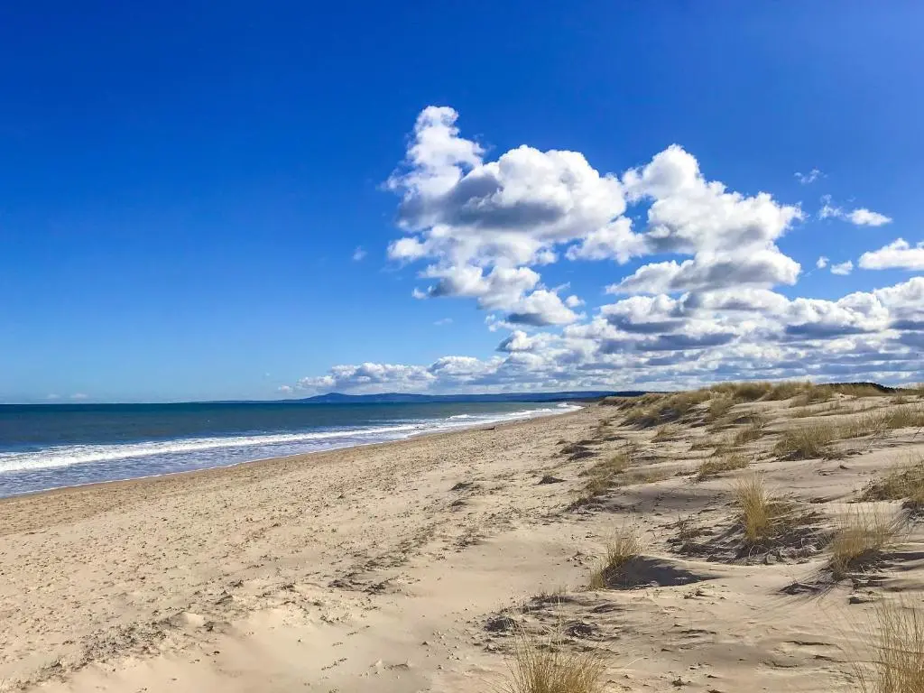 a sandy beach with clouds in the sky and the ocean at March Brown in Garmouth