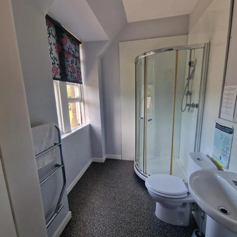 a bathroom with a shower and a toilet and a sink at Black Isle Holiday Apartments in Avoch