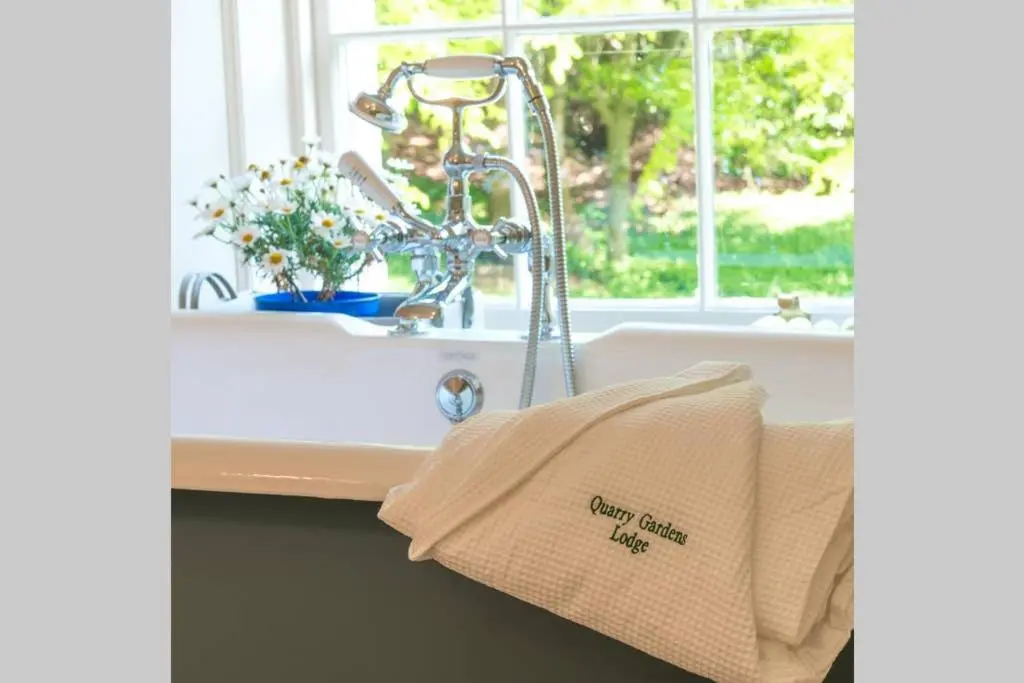 a kitchen sink with a towel hanging from a faucet at Quarry Gardens Lodge in Fochabers