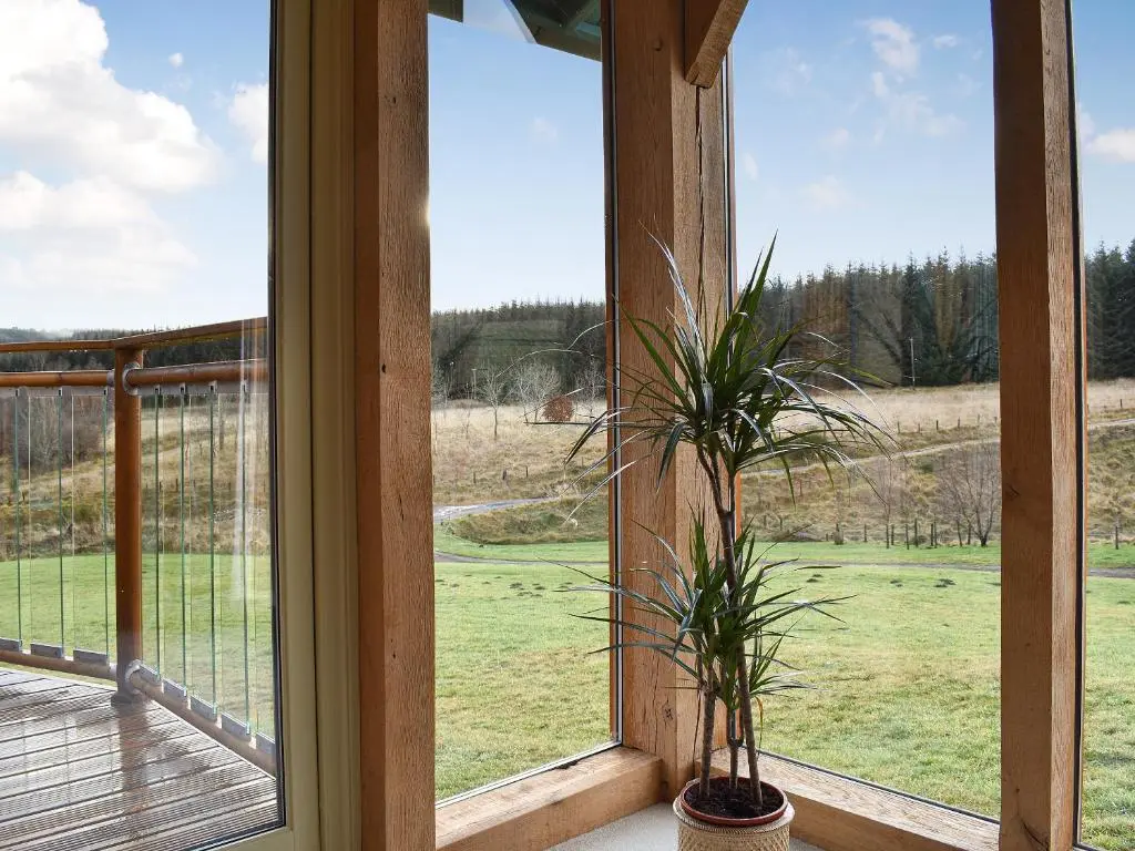 a window with a potted plant on a porch at Mill Of Burncrook in Glenlivet