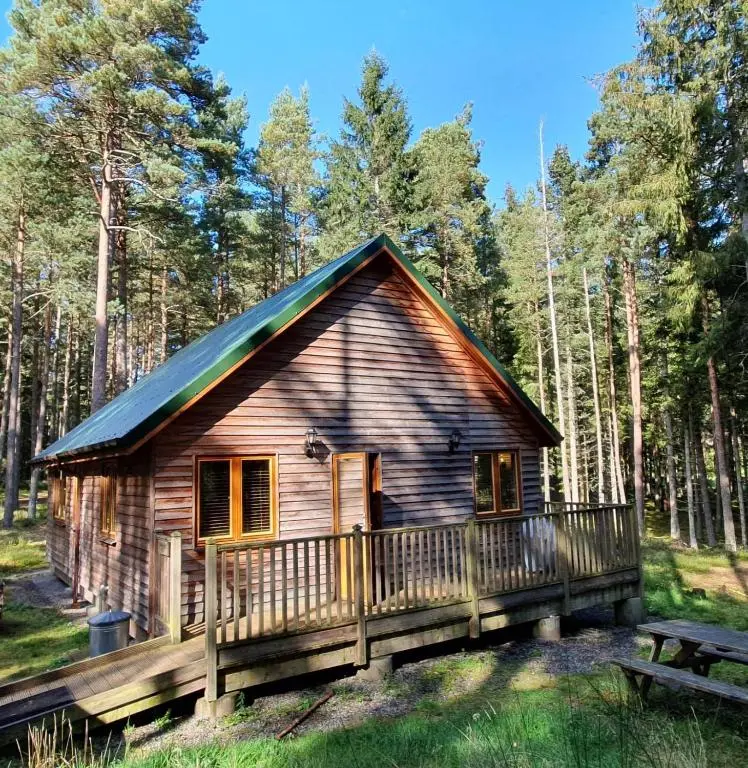 a log cabin in the woods with a deck at Cairngorm Lodges in Aboyne