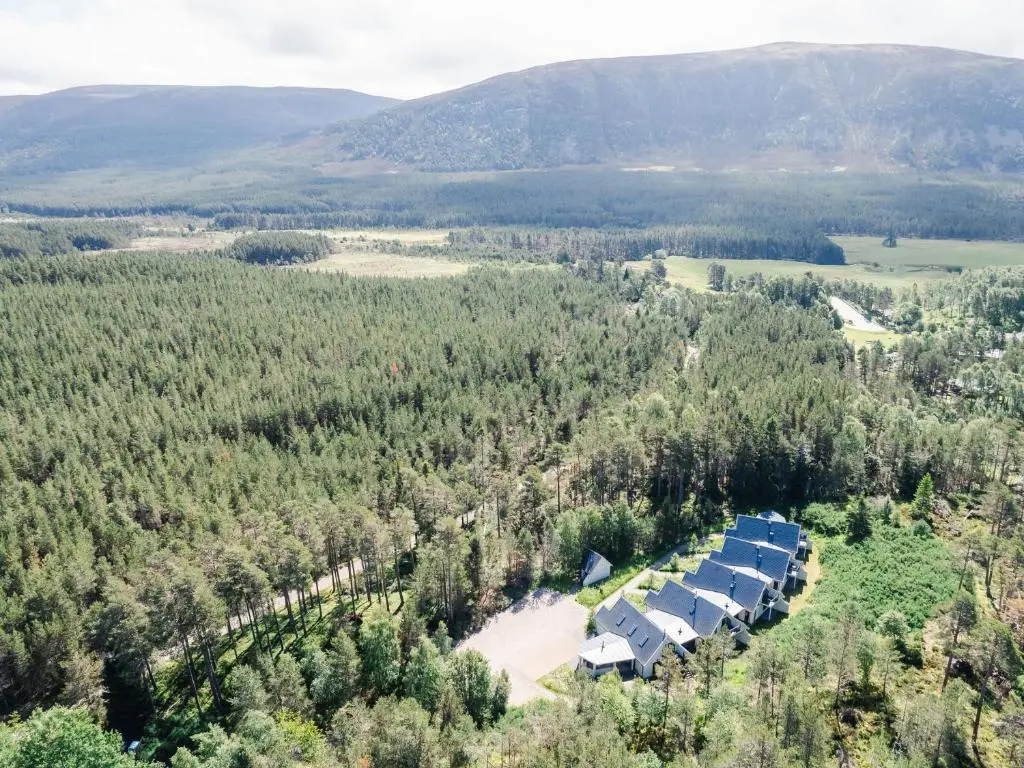 an aerial view of a group of tents in a forest at Mountain Hare Apartment in Kingussie