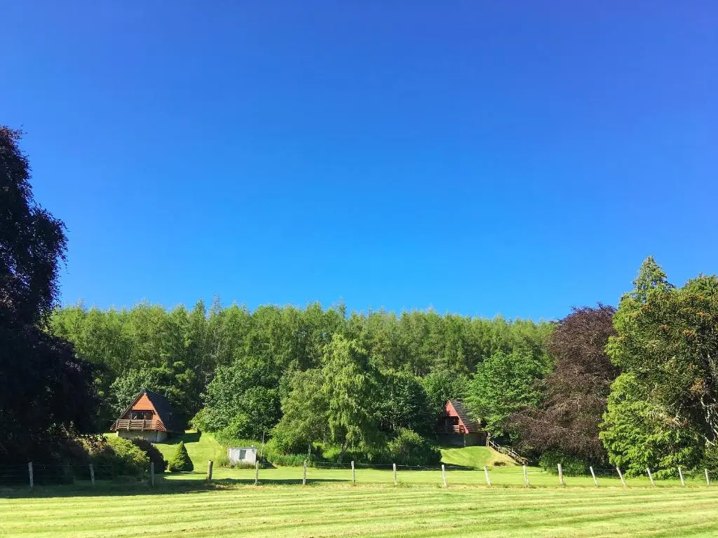 a grassy field with trees and cottages in the background at Heather Lodge in Glenurguhart