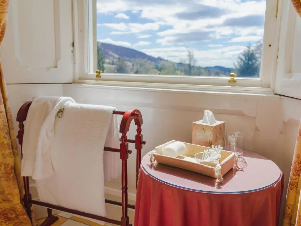 a table in a room with a window at Dalnaglar Castle - Uk7072 in Cray
