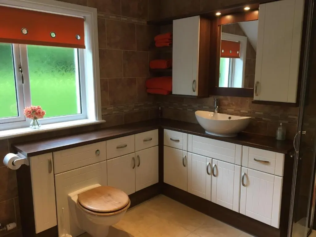 a bathroom with a toilet and a sink and two windows at Crescent Corner, Inverness in Inverness