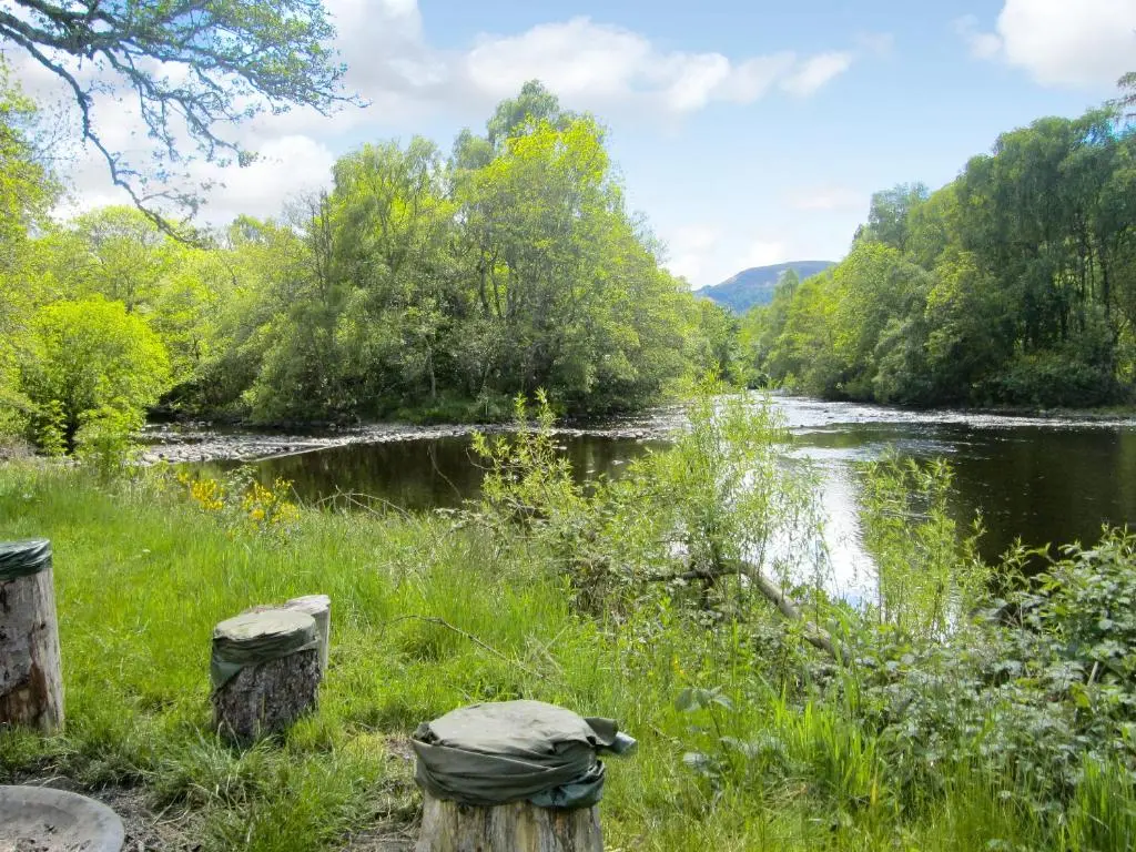 a river with grass and trees in the background at Loch Ness - Uk7094 in Contin