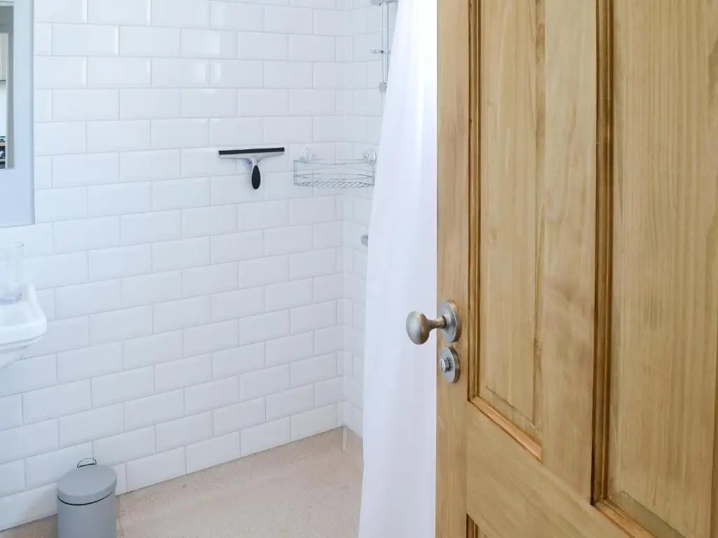 a bathroom with a shower with a wooden door at Sea Thistle Cottage in Nairn
