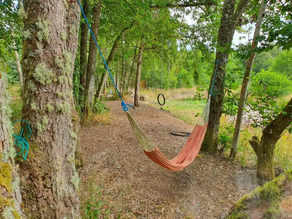 a hammock hanging from a tree in a forest at Herons Rest in Drumnadrochit