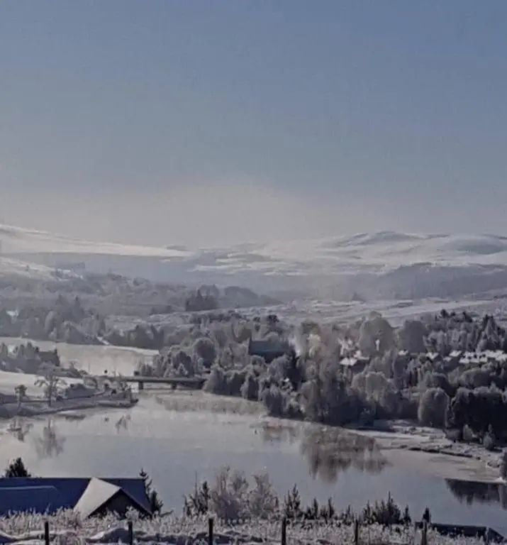 a view of a lake with trees and a town at Jakels Rest in Lairg