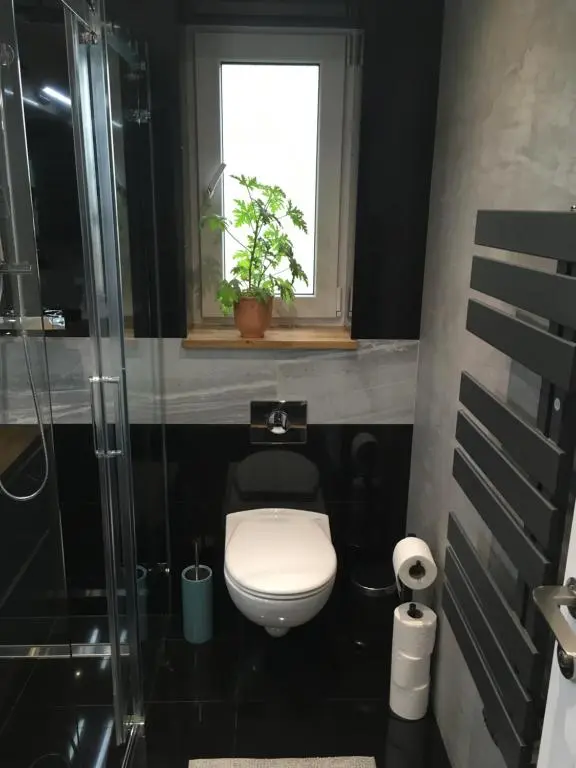 a bathroom with a toilet and a window at Blarmore Apartment Inverness in Inverness