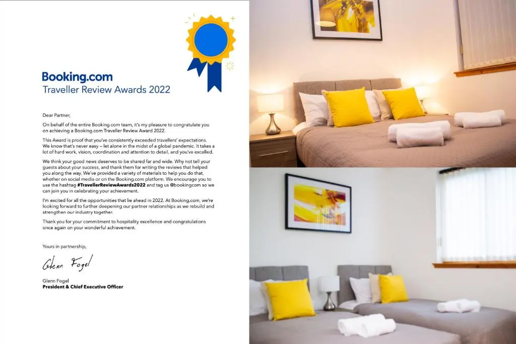 a brochure of a bedroom with a bed and yellow pillows at Superb 2 Bedroom Flat - Refurbished Dec 2024 in Inverness
