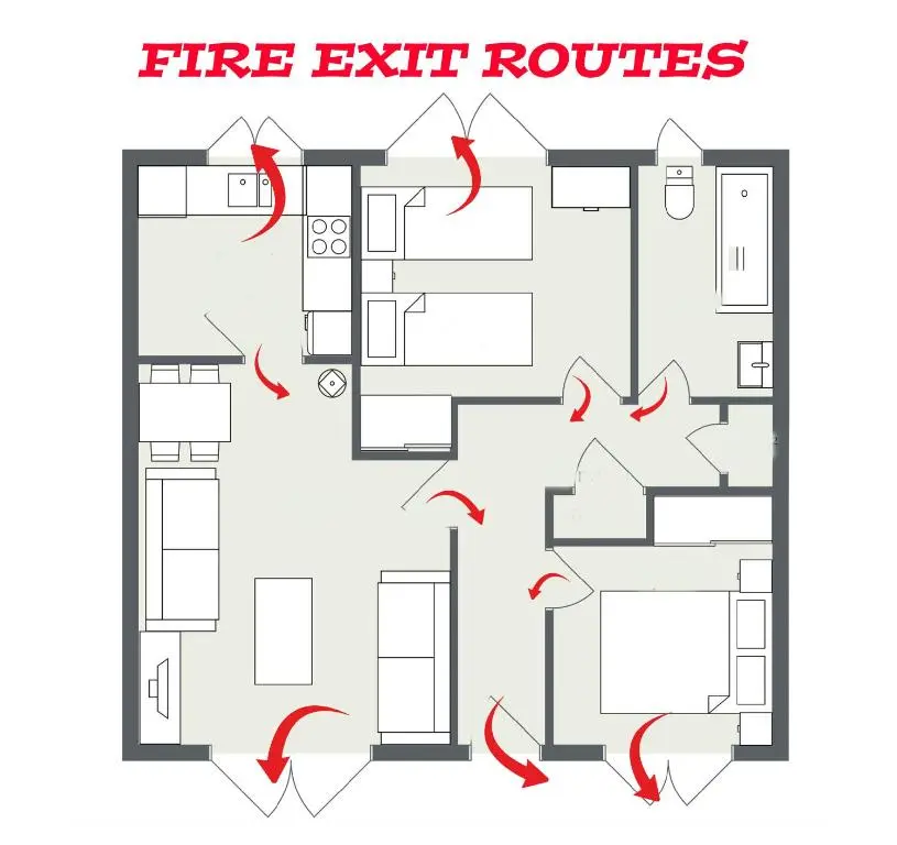 a schematic diagram of fire exit routes in a house at Superb 2 Bedroom Flat - Refurbished Dec 2024 in Inverness
