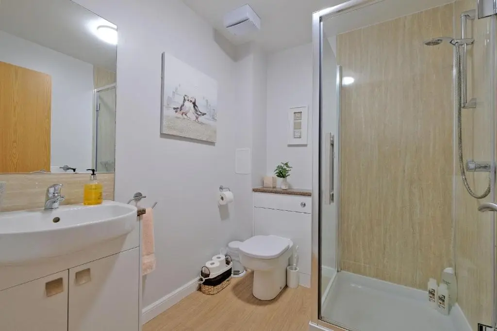 a bathroom with a shower and a sink and a toilet at Caledonia Newhills Apartment in Aberdeen
