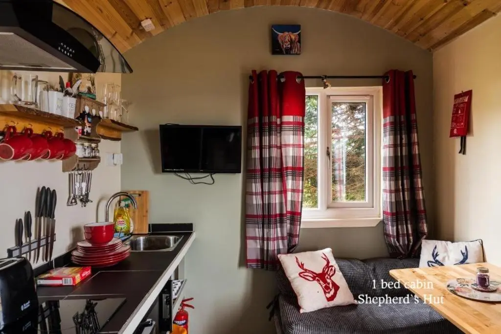 a small kitchen with a couch and a window at Culbokie Lodges in Culbokie