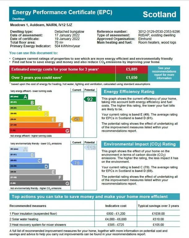 a screenshot of the emergency performance certificate efp document at Spacious well equipped Chalet Bungalow close to Nairn, in Auldearn