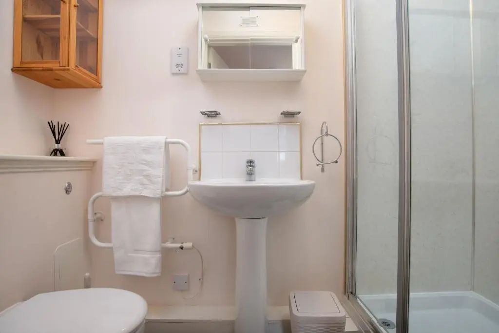 a bathroom with a toilet and a sink and a shower at Historic Village, Rare Find, Amazing Views in Ballater