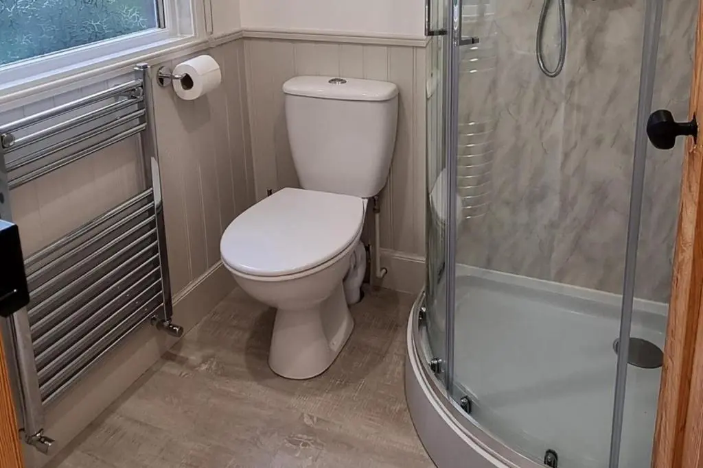 a bathroom with a toilet and a shower at The Coal Office Aberlour in Aberlour