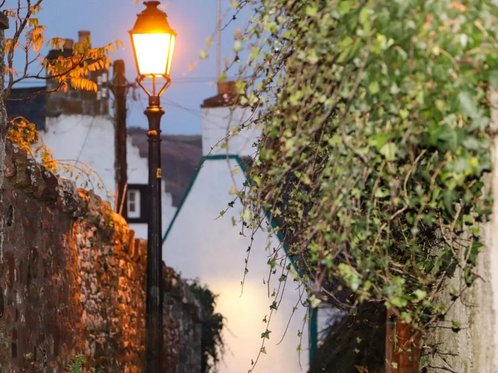 a street light next to a wall with ivy at Paye House - Cromarty in Cromarty