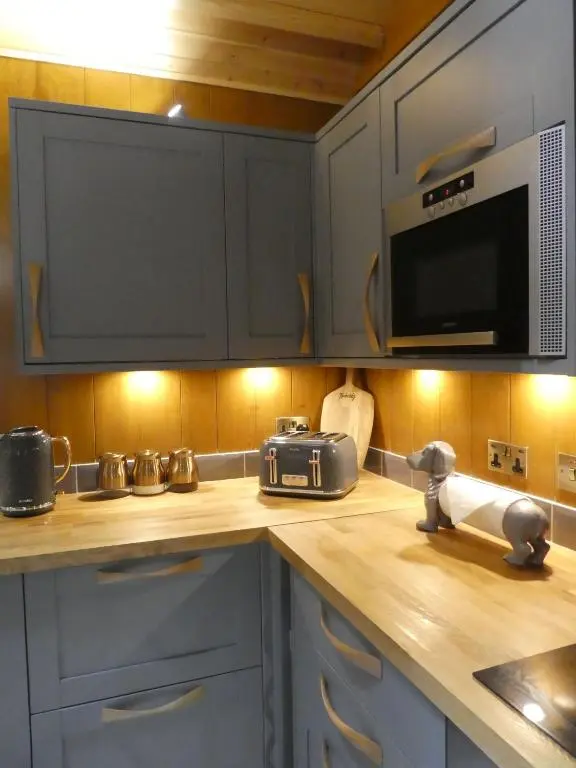 a kitchen with a counter top with a microwave at Wildcat Lodge in Boat of Garten