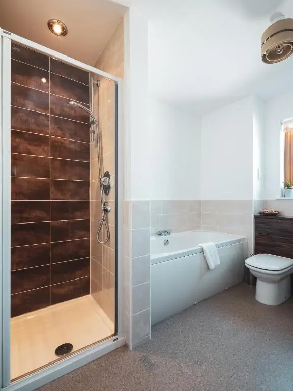 a bathroom with a shower and a toilet at Snowmass Lodge - hot tub in Aviemore in Aviemore