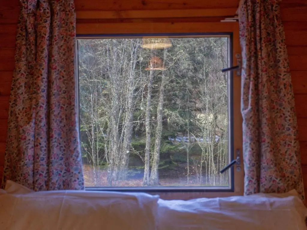 a bedroom with a window with a view of the woods at Chalet Birchwood Cottage by Interhome in Inverness