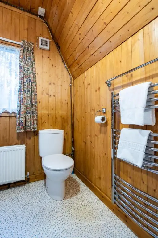a bathroom with a toilet in a wooden wall at Chalet Birchwood Cottage by Interhome in Inverness