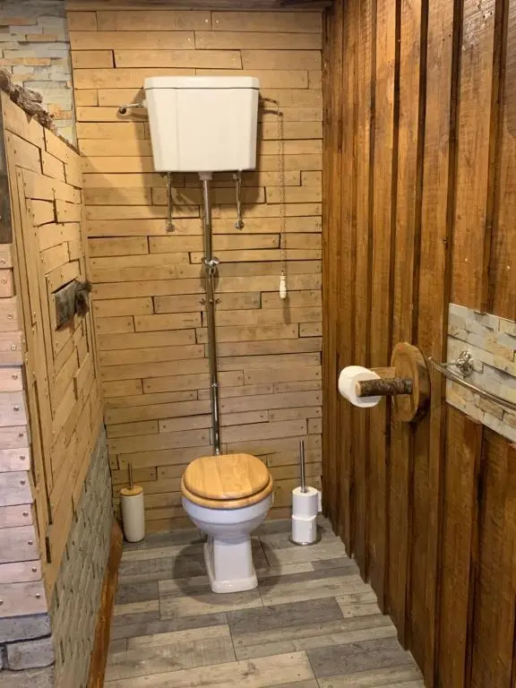 a bathroom with a toilet with a wooden wall at The Bothy Aberlour in Aberlour