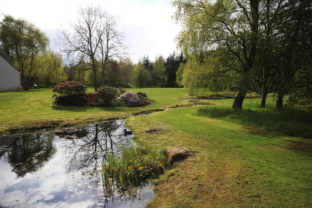 a pond in a yard with grass and trees at The Cabin at Easter Arr in Auldearn