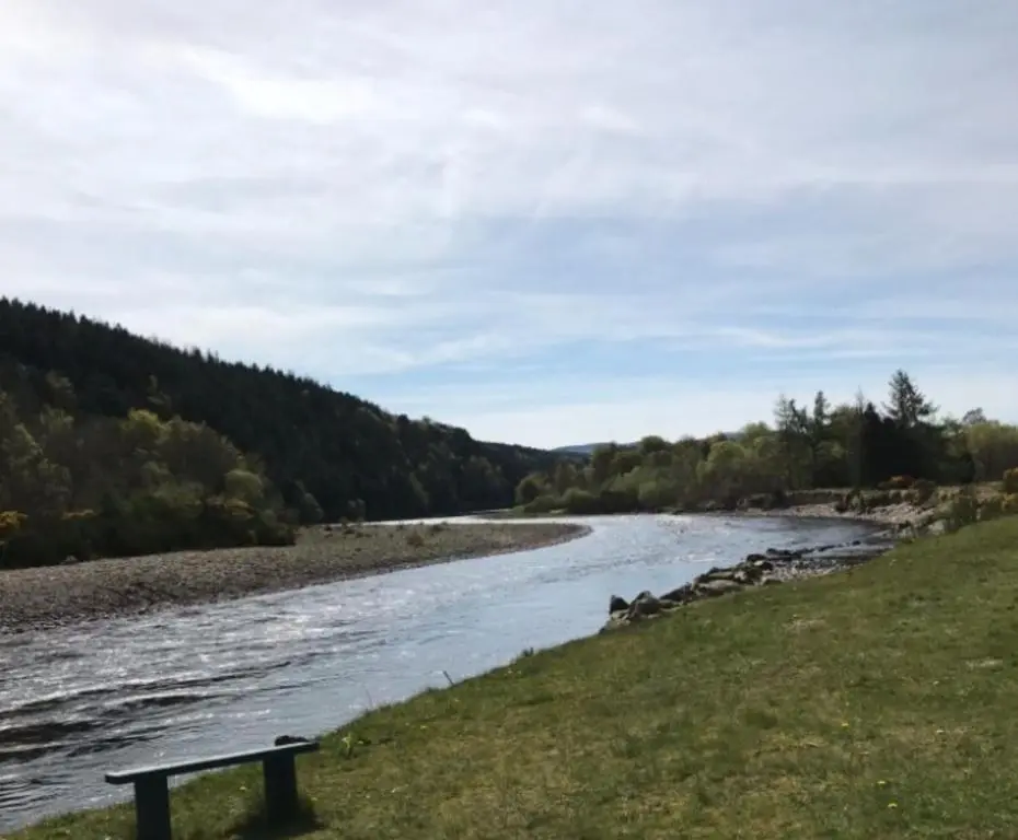 a bench sitting in the grass next to a river at Lovely 1-Bed House in Fochabers Scotland in Fochabers