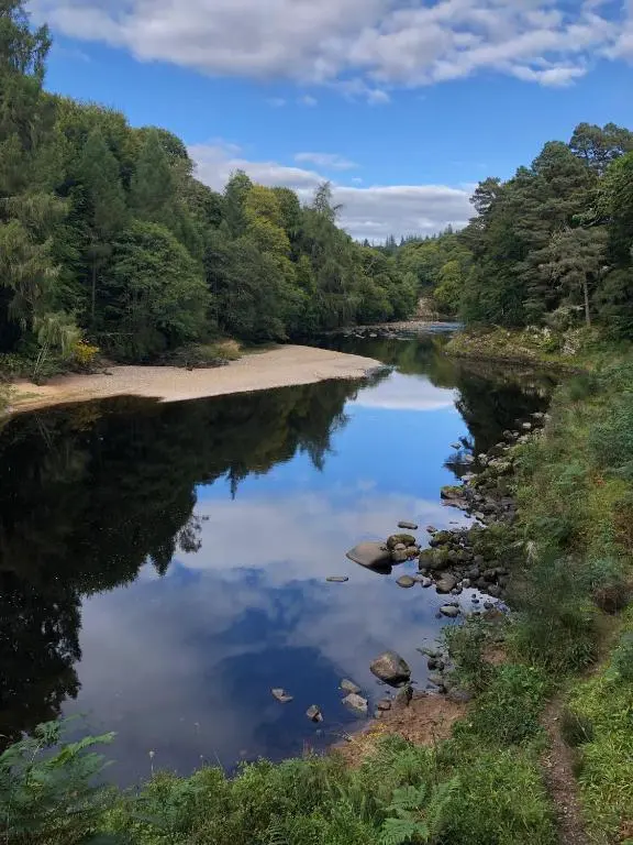 a river in the middle of a forest at Willowbarn Rafford Self Catering in Forres