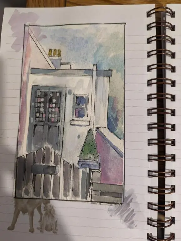 a drawing of a kitchen with a dog at Shadow's Cottage situated in Fishertown, Nairn. in Nairn