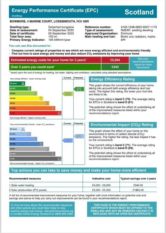 a screenshot of a document with the energy performance certificate efc at Bowmore in Lossiemouth