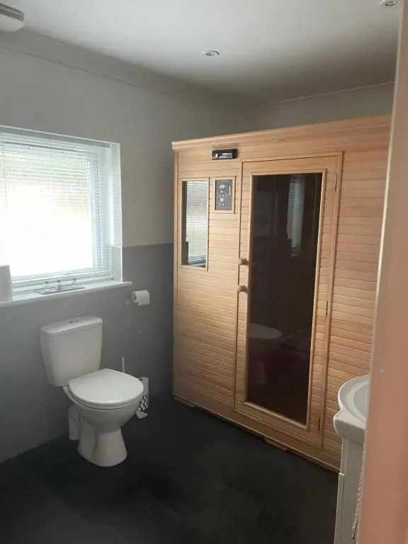 a bathroom with a toilet and a wooden door at Gleneden House in Tore